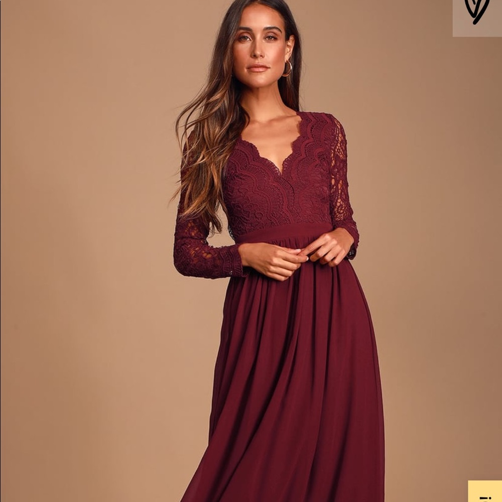 Lulu’s Burgundy Long Sleeve Lace Maxi Dress
